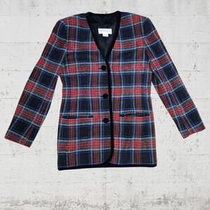 90s Vintage Black Red Stewart Tartan Plaid Velvet Trim V Neck Blazer Size 4